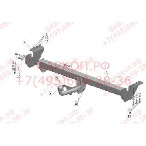 SY 011 AVTOS Фаркоп на SsangYong Actyon 2011-2015 без подрезки бампера. Тип шара: A. Нагрузки: 1200/75 кг, масса фаркопа 15,5 кг (без электрики в комплекте)
