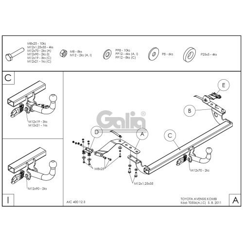T055A GALIA Полностью оцинкованный фаркоп на Toyota Avensis универсал 2003-2009. Тип шара: A. Без выреза бампера. Нагрузки: 1500/75 кг, масса фаркопа 18,01 кг