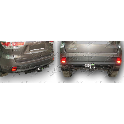 T120-FC Лидер-плюс ТСУ для Toyota Highlander 2014-2020. Необходим вырез под кронштейн в боковой части защиты бампера. Нагрузки: 1200/50 кг, масса фаркопа 21 кг (без электрики в комплекте)