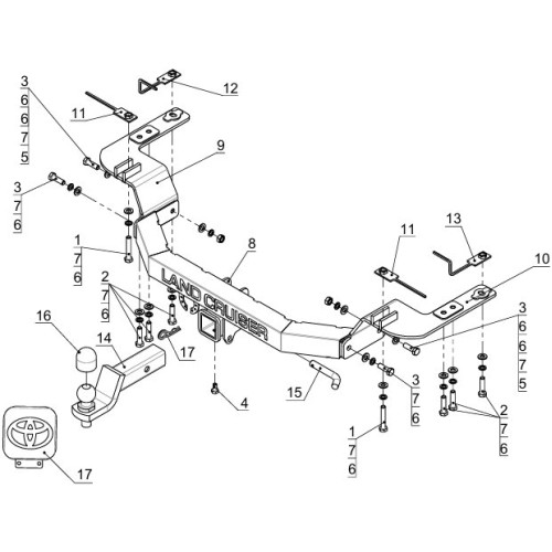 TCU00047 ТСС Фаркоп на Toyota Land Cruiser 200 Executive/Executive Lounge 2016-2021, Toyota Land Cruiser 200 TRD 2019-2021 с накладкой с надписью Land Cruiser без подрезки бампера. Тип шара: E (шаровый узел под американский квадрат). Нагрузки: 1500/100 кг
