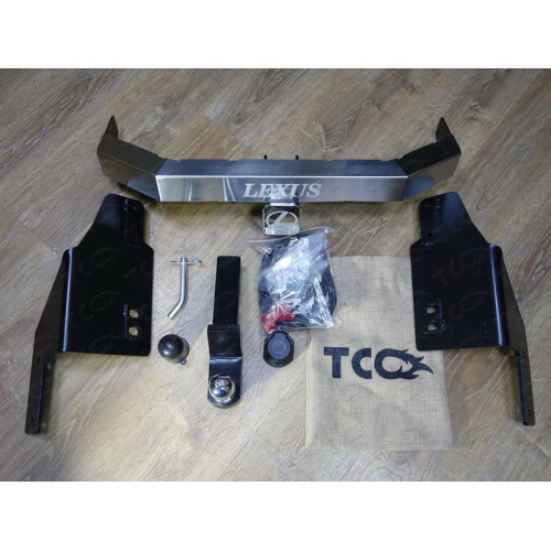 TCU00084 ТСС Фаркоп на Lexus GX460 2009-2019 с накладкой с надписью Lexus без подрезки бампера. Тип шара: E (шаровый узел под американский квадрат). Нагрузки: 1800/120 кг