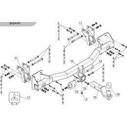 TCU00089 ТСС Фаркоп на Mitsubishi Outlander 2015-2018, 2018-2022. Требуется подрезка бампера. Тип шара: E (шаровый узел под американский квадрат). Нагрузки: 1500/80 кг