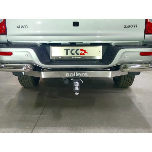 TCU00425 ТСС Фаркоп на Sollers ST6 2023-, Sollers ST8 2025- с накладкой с надписью Sollers без подрезки бампера. Тип шара: E (шаровый узел под американский квадрат). Нагрузки: 2500/100 кг