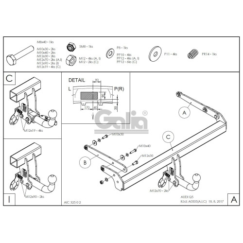 A050A GALIA Полностью оцинкованный фаркоп на Audi Q5 2017-2024, Audi Q5 Sportback 2021-2024. Подрозетник убирается за бампер. Тип шара: A. Невидимый вырез бампера. Нагрузки: 2450/100 кг, масса фаркопа 14,72 кг