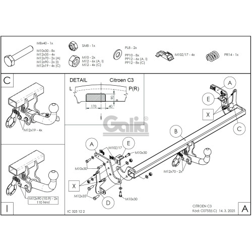 C075A GALIA Полностью оцинкованный фаркоп на Citroen C3 2024-, FIAT Grande Panda 2025-. Тип шара: A. Невидимый вырез бампера. Нагрузки: 1000/85 кг, масса фаркопа 15,22 кг