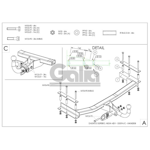 D039C GALIA Полностью оцинкованный фаркоп на Daewoo Nexia седан 1995-2010, Daewoo Espero седан 1995-1997. Тип шара: C (горизонтальный съемный). Установка без снятия и выреза бампера. Нагрузки: 1100/50 кг, масса фаркопа 16,6 кг