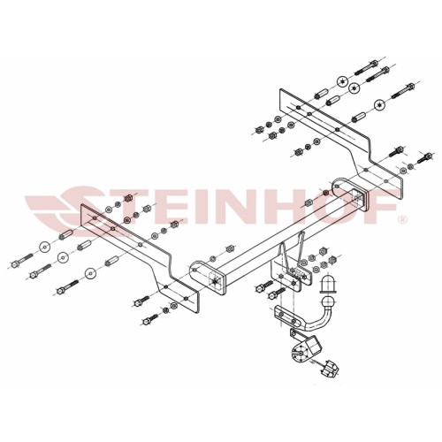 F-263 STEINHOF Фаркоп на Ford Mondeo универсал 10/2000-06/2007. Требуется подрезка бампера. Тип шара: A. Нагрузки: 2000/80 кг, масса фаркопа 20,5 кг (без электрики в комплекте)