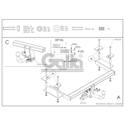F094C GALIA Полностью оцинкованный фаркоп на FIAT Croma универсал 2005-2011. Подрозетник убирается за бампер. Тип шара: C (горизонтальный съемный). Невидимый вырез бампера. Нагрузки: 1500/70 кг, масса фаркопа 18,97 кг