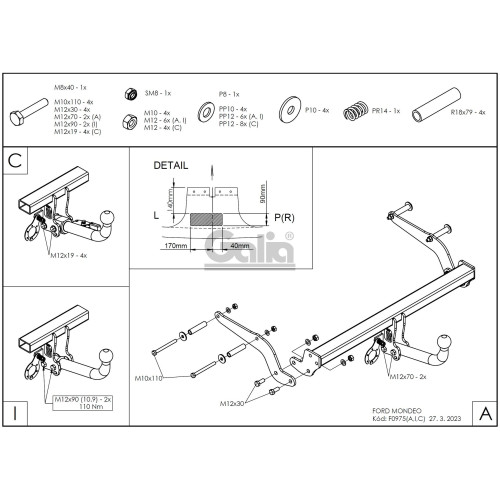 F097A GALIA Полностью оцинкованный фаркоп на Ford Mondeo седан/хетчбек 2000-2006. Подрозетник убирается за бампер. Тип шара: A. Невидимый вырез бампера. Нагрузки: 1800/75 кг, масса фаркопа 17,01 кг