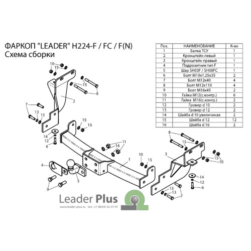 H224-F Лидер-плюс ТСУ для Hyundai Santa Fe 2012-2018, Kia Sorento 2012-2015 без снятия и выреза бампера. Тип шара: F. Нагрузки: 2000/100 кг, масса фаркопа 21,26 кг (без электрики в комплекте)