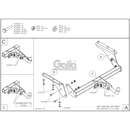 J007C GALIA Полностью оцинкованный фаркоп на Jeep Cherokee KJ 2001-2008. Особенности: круглые фары, запаска на задней двери. Тип шара: C (горизонтальный съемный). Установка без снятия и выреза бампера. Нагрузки: 3500/100 кг, масса фаркопа 23,36 кг