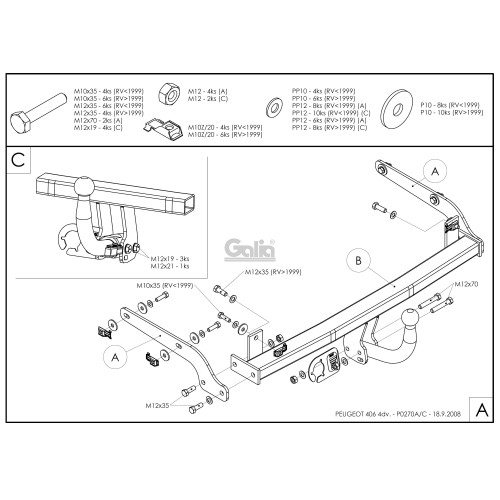 P027C GALIA Полностью оцинкованный фаркоп на Peugeot 406 седан 1995-2004. Тип шара: C (горизонтальный съемный). Установка без снятия и выреза бампера. Нагрузки: 1700/80 кг, масса фаркопа 16,37 кг