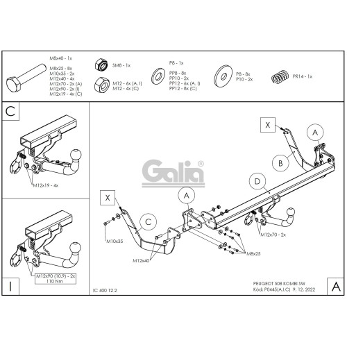 P044C GALIA Полностью оцинкованный фаркоп на Peugeot 508 универсал 2011-2019. Подрозетник убирается за бампер. Тип шара: C (горизонтальный съемный). Невидимый вырез бампера. Нагрузки: 1900/75 кг, масса фаркопа 23,87 кг