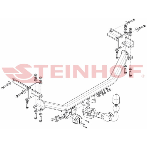 S-379 STEINHOF Фаркоп на Suzuki Baleno 2016-2020. Требуется подрезка бампера. Тип шара: AH (горизонтальное быстросъемное крепление шара на ключе). Нагрузки: 1100/75 кг, масса фаркопа 18,78 кг (без электрики в комплекте)