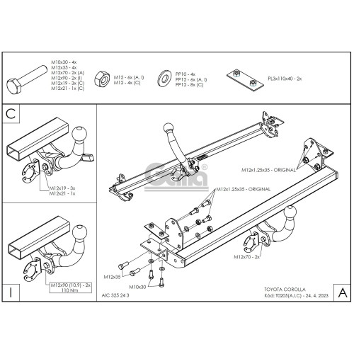 T020C GALIA Полностью оцинкованный фаркоп на Toyota Corolla седан/хетчбек 5 дверей 1997-2002 - E1, A1, B1, B0. Тип шара: C (горизонтальный съемный). Без выреза бампера. Нагрузки: 1200/75 кг, масса фаркопа 14,1 кг