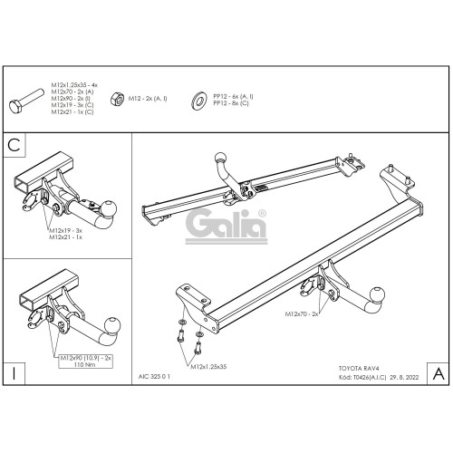 T042A GALIA Полностью оцинкованный фаркоп на Toyota RAV4 2000-2006, Chery Tiggo 2006-2014, Vortex Tingo 2010-2013. Тип шара: A. Установка без снятия и выреза бампера. Нагрузки: 1800/75 кг, масса фаркопа 11,52 кг