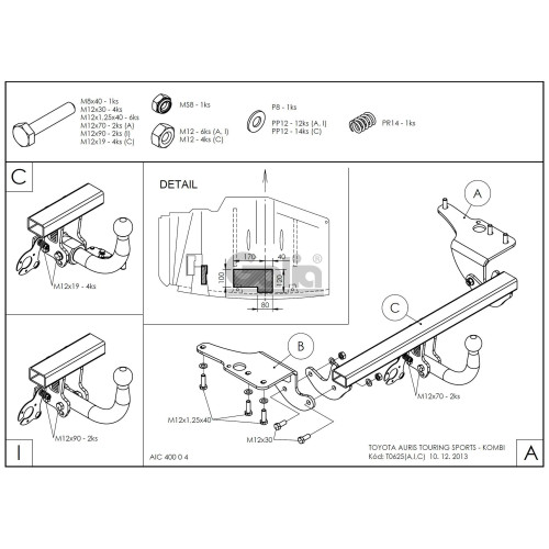 T062C GALIA Полностью оцинкованный фаркоп на Toyota Auris универсал 2013-2018. Подрозетник убирается за бампер. Тип шара: C (горизонтальный съемный). Установка без снятия и выреза бампера. Нагрузки: 1600/75 кг, масса фаркопа 18,17 кг