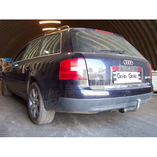 A023A GALIA Полностью оцинкованный фаркоп на Audi A6 седан/универсал, включая 4WD (Quattro) 1997-2004. Подрозетник убирается за бампер. Тип шара: A. Невидимый вырез бампера. Нагрузки: 2100/85 кг, масса фаркопа 19,42 кг