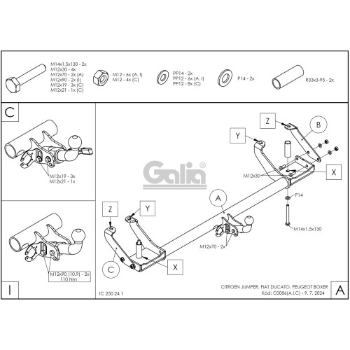 C008C GALIA Полностью оцинкованный фаркоп на FIAT Ducato Sollers 2008-2011, Citroen Jumper 1994-2006, FIAT Ducato II 1994-2006, Peugeot Boxer 1994-2006 фургон, в т.ч. 4WD, в т.ч. платформа без изменения оригинального шасси. Тип шара: C (горизонтальный съе
