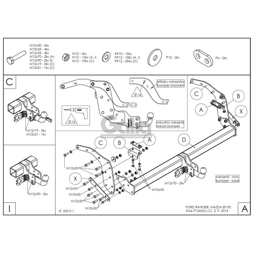 F126A GALIA Полностью оцинкованный фаркоп на Ford Ranger 2012-2022, Mazda BT-50 2012-2020. Тип шара: A. Без выреза бампера. Нагрузки: 3500/205 кг, масса фаркопа 26,82 кг