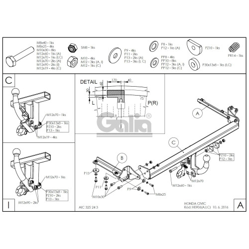 H090C GALIA Полностью оцинкованный фаркоп на Honda Civic хетчбек 5 дверей 2012-2017. Подрозетник убирается за бампер. Тип шара: C (горизонтальный съемный). Невидимый вырез бампера. Нагрузки: 1500/75 кг, масса фаркопа 15,57 кг