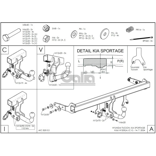 H120C GALIA Полностью оцинкованный фаркоп на Hyundai Tucson 2021-2024, 2024-, Kia Sportage 2022-2025, 2025-. Подрозетник убирается за бампер. Тип шара: C (горизонтальный съемный). Установка без выреза бампера. Нагрузки: 2000/120 кг, масса фаркопа 17,85 кг