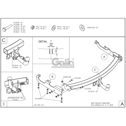 J002A GALIA Полностью оцинкованный фаркоп на Jeep Grand Cherokee WJ 1998-2004. Тип шара: A. Невидимый вырез бампера. Нагрузки: 3500/140 кг, масса фаркопа 20,62 кг
