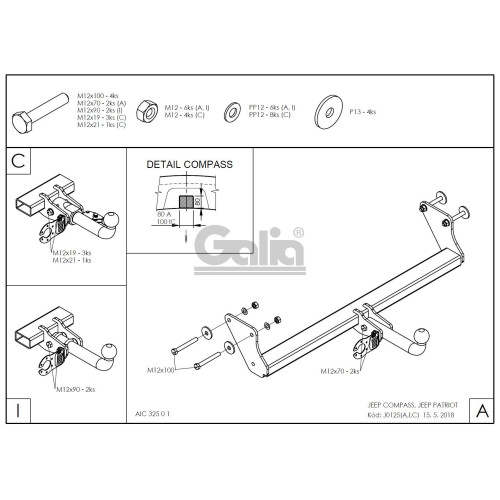 J012A GALIA Полностью оцинкованный фаркоп на Jeep Compass MK 2006-2011, Jeep Liberty 2006-2011. Тип шара: A. Требуется вырез в бампере. Нагрузки: 2000/100 кг, масса фаркопа 12,82 кг