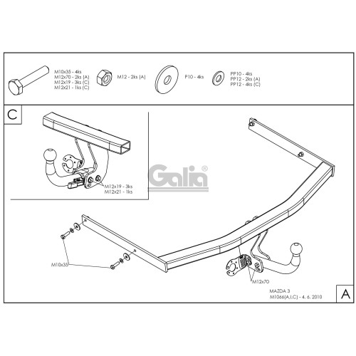 M106A GALIA Полностью оцинкованный фаркоп на Mazda 3 седан/хетчбек 2003-2009, Mazda 3 седан/хетчбек 2009-2013, Ford Focus III хетчбек 2011-2019. Тип шара: A. Невидимый вырез бампера. Нагрузки: 1500/75 кг, масса фаркопа 16,02 кг