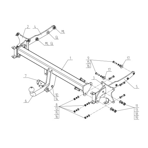 MB 07 AVTOS Фаркоп на Mercedes M-Class 2005-2012, 2012-2015, Mercedes GL-Class 2005-2012, 2012-2016, Mercedes GLS-Class 2016-2019, Mercedes GLE-Class 2015-2019 без снятия и подрезки бампера. Тип шара: A. Нагрузки: 3500/140 кг, масса фаркопа 21,5 кг (без э