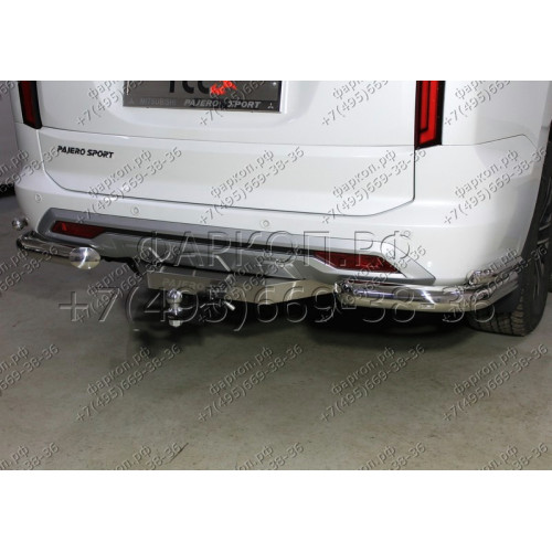 TCU00279N ТСС Фаркоп на Mitsubishi Pajero Sport 2021- с накладкой с надписью Pajero Sport без подрезки бампера. Тип шара: E (шаровый узел под американский квадрат с нержавеющим шаром). Нагрузки: 2500/120 кг