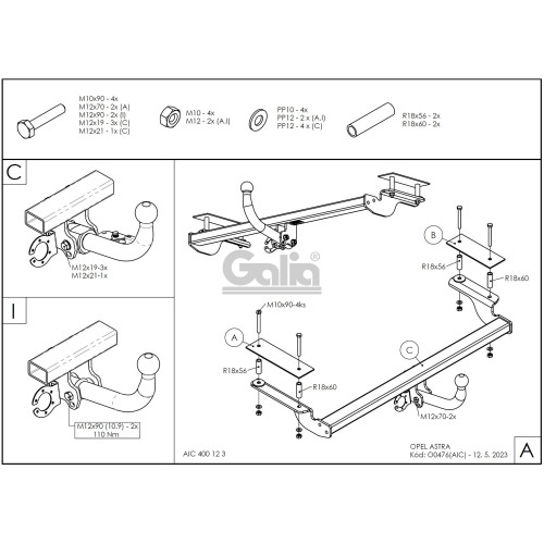 O047C GALIA Полностью оцинкованный фаркоп на Opel Astra H хетчбек 3/5 дверей 2004-2009, номерной знак на заднем бампере. Тип шара: C (горизонтальный съемный). Установка без снятия и выреза бампера. Нагрузки: 1500/75 кг, масса фаркопа 17,07 кг