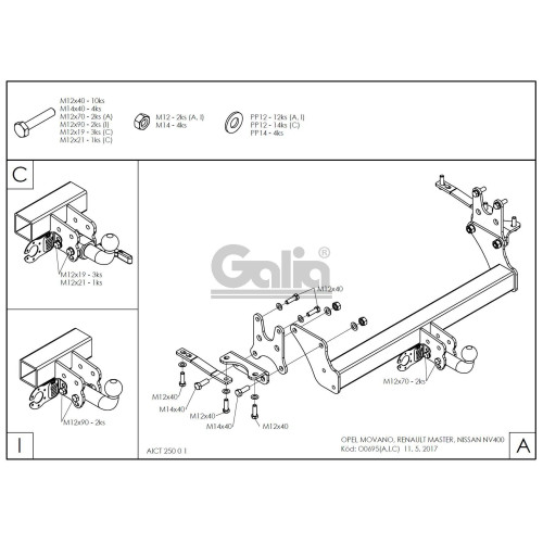 O069C GALIA Полностью оцинкованный фаркоп на Renault Master шасси 2010-2024, Opel Movano шасси 2010-2021, Nissan NV400 шасси 2011-2021, Nissan Interstar шасси 2010-2024. Тип шара: C (горизонтальный съемный). Установка без снятия и выреза бампера. Нагрузки
