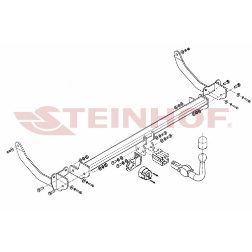 P-053 STEINHOF Фаркоп на Peugeot 308 универсал 2008-2014 без снятия и подрезки бампера. Тип шара: AH (горизонтальное быстросъемное крепление шара на ключе). Нагрузки: 1700/75 кг, масса фаркопа 20,9 кг (без электрики в комплекте)