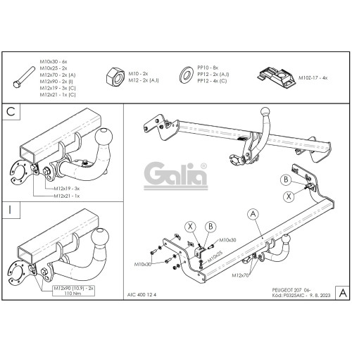 P032A GALIA Полностью оцинкованный фаркоп на Peugeot 207 хетчбек 2006-2012. Тип шара: A. Установка без снятия и выреза бампера. Нагрузки: 1150/46 кг, масса фаркопа 16,01 кг