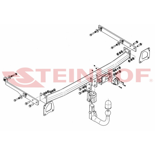 R-115 STEINHOF Фаркоп на Renault Scenic III 2009-2016. Требуется подрезка бампера. Тип шара: AV (вертикальное быстросъемное крепление шара на ключе). Нагрузки: 1400/75 кг, масса фаркопа 21,2 кг (без электрики в комплекте)