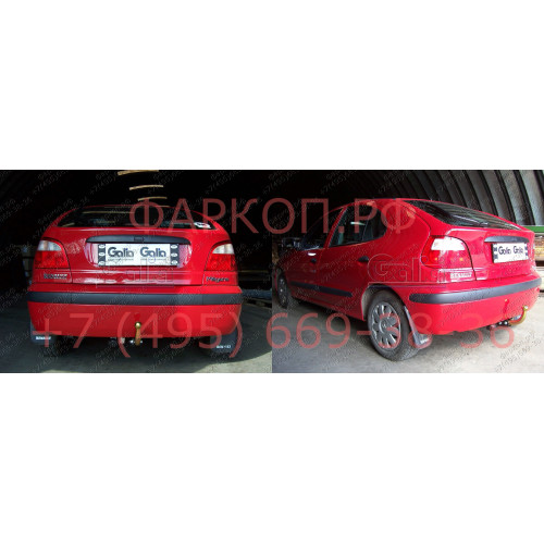 R014C GALIA Полностью оцинкованный фаркоп на Renault Megane I хетчбек 1996-2003, номерной знак на задней двери. Тип шара: C (горизонтальный съемный). Установка без снятия и выреза бампера. Нагрузки: 1350/75 кг, масса фаркопа 15,6 кг