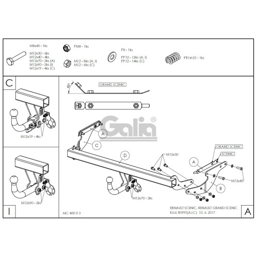 R099C GALIA Полностью оцинкованный фаркоп на Renault Scenic 2016-2022, Renault Grand Scenic 2016-2022. Подрозетник убирается за бампер. Тип шара: C (горизонтальный съемный). Установка без выреза бампера. Нагрузки: 2000/80 кг, масса фаркопа 21,07 кг