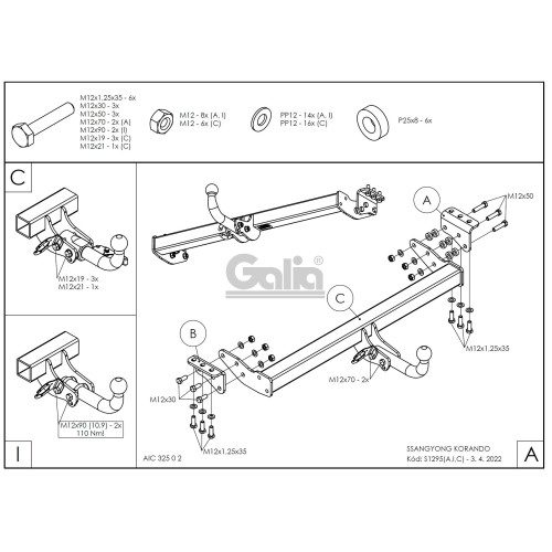 S129C GALIA Полностью оцинкованный фаркоп на SsangYong Actyon 2011-2016. Тип шара: C (горизонтальный съемный). Установка без снятия и выреза бампера. Нагрузки: 2000/100 кг, масса фаркопа 17,97 кг