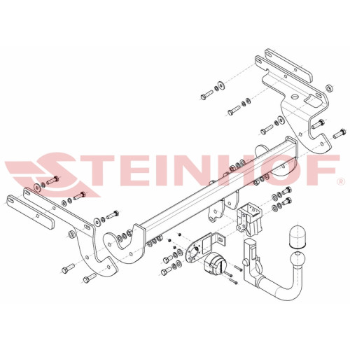 T-233 STEINHOF Фаркоп на Toyota Yaris хетчбек 3/5 дверей 2014-2020. Требуется подрезка бампера. Тип шара: AV (вертикальное быстросъемное крепление шара на ключе). Нагрузки: 1150/50 кг, масса фаркопа 20,89 кг (без электрики в комплекте)
