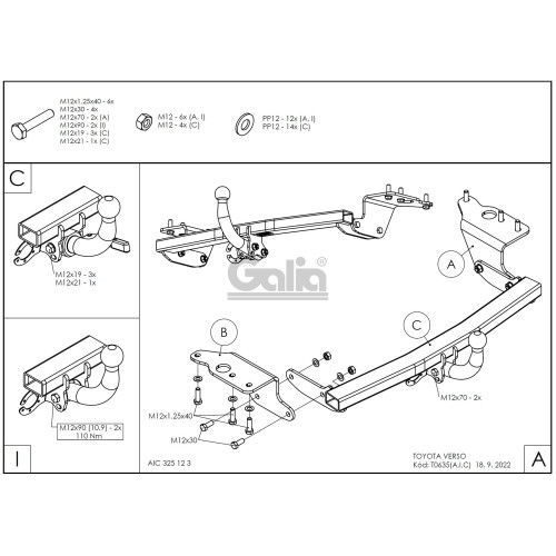 T063C GALIA Полностью оцинкованный фаркоп на Toyota Verso 2009-2013, 2013-2018. Тип шара: C (горизонтальный съемный). Установка без снятия и выреза бампера. Нагрузки: 1500/60 кг, масса фаркопа 15,87 кг