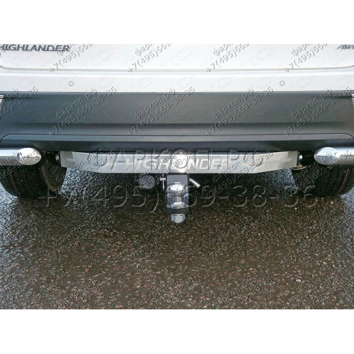 TCU00060 ТСС Фаркоп на Toyota Highlander 2014-2020 с накладкой с надписью Highlander без подрезки бампера. Тип шара: E (шаровый узел под американский квадрат). Нагрузки: 1500/100 кг