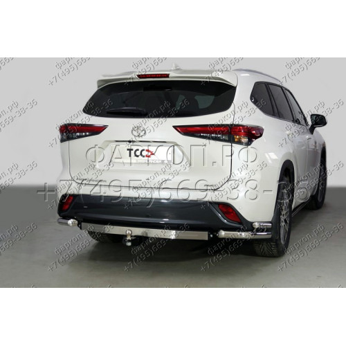 TCU00172 ТСС Фаркоп с нерж. накладкой на Toyota Highlander 2020- без подрезки бампера. Тип шара: E (шаровый узел под американский квадрат). Нагрузки: 1500/100 кг
