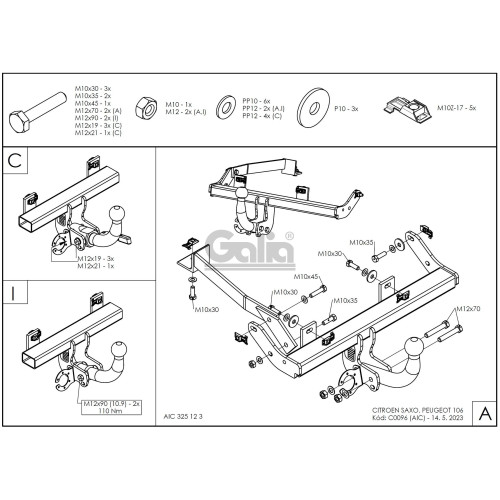C009C GALIA Полностью оцинкованный фаркоп на Citroen Saxo 1995-2003, Peugeot 106 1995-2003. Тип шара: C (горизонтальный съемный). Установка без снятия и выреза бампера. Нагрузки: 1100/50 кг, масса фаркопа 12,17 кг