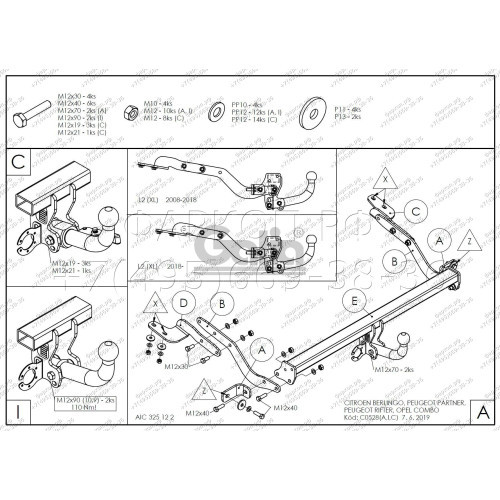 C0528A GALIA Полностью оцинкованный фаркоп на Peugeot Partner II L2 2008-2018, Citroen Berlingo II L2 2008-2018, Peugeot Partner III L2 (XL/Long) 2018-, Peugeot Rifter L2 (XL/Long) 2018-, Citroen Berlingo III L2 (XL/Long) 2018-, Toyota ProAce City L2 (XL/