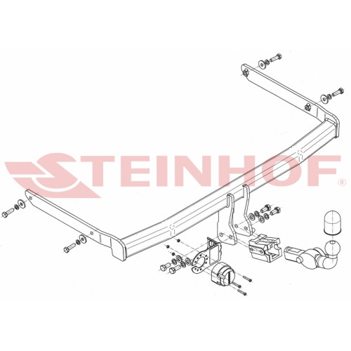 F-252 STEINHOF Фаркоп на Ford Fiesta хетчбек 3/5 дверей 2002-2008. Требуется подрезка бампера. Тип шара: AH (горизонтальное быстросъемное крепление шара на ключе). Нагрузки: 900/50 кг, масса фаркопа 14,6 кг (без электрики в комплекте)
