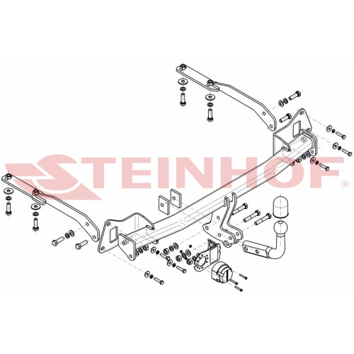 H-073 STEINHOF Фаркоп на Honda Jazz 2014-2020, Honda Fit 2013-2020. Требуется подрезка бампера. Тип шара: A. Нагрузки: 1100/95 кг, масса фаркопа 18 кг (без электрики в комплекте)
