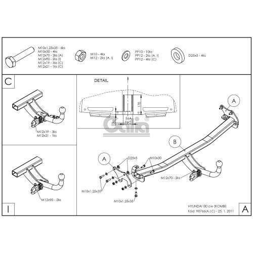 H076A GALIA Полностью оцинкованный фаркоп на Hyundai i30 универсал 2007-2012. Тип шара: A. Невидимый вырез бампера. Нагрузки: 1500/80 кг, масса фаркопа 14,52 кг