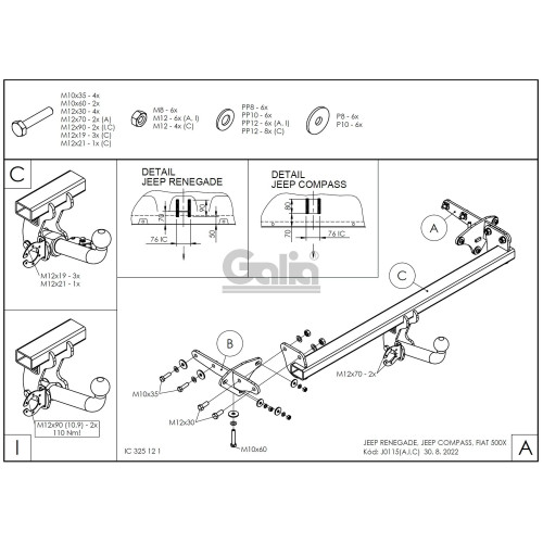J011C GALIA Полностью оцинкованный фаркоп на Jeep Renegade 2014-, FIAT 500X 2014-, Jeep Compass 2017-. Тип шара: C (горизонтальный съемный). Требуется вырез в бампере. Нагрузки: 1750/100 кг, масса фаркопа 17,87 кг