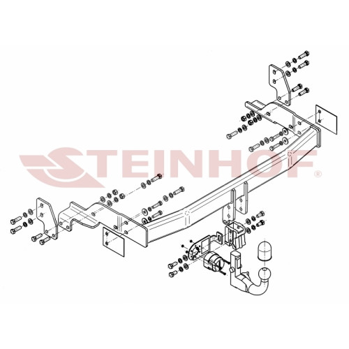 K-013 STEINHOF Фаркоп на Kia Sorento BL 2002-2006. Требуется подрезка бампера. Тип шара: AV (вертикальное быстросъемное крепление шара на ключе). Нагрузки: 2800/120 кг, масса фаркопа 24,3 кг (без электрики в комплекте)